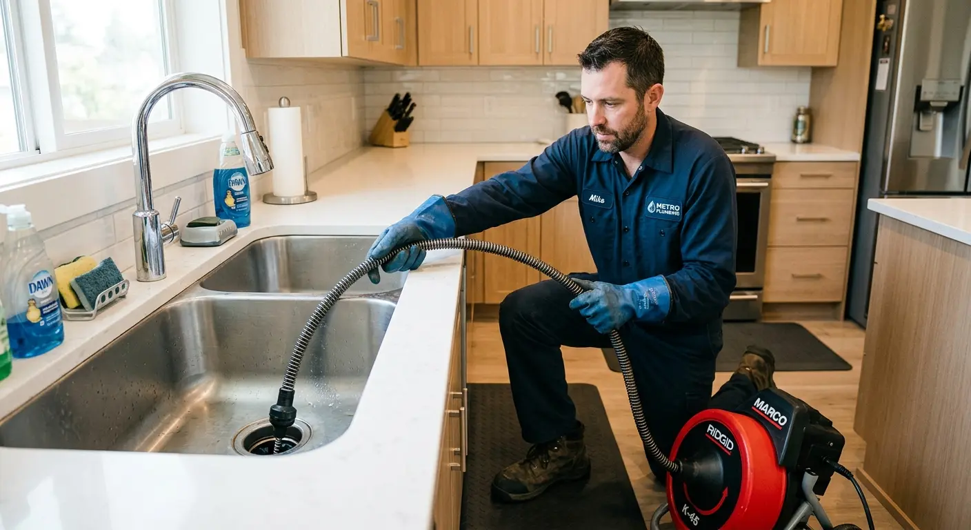 Drain cleaning technician using a motorized snake on a kitchen sink in De Queen