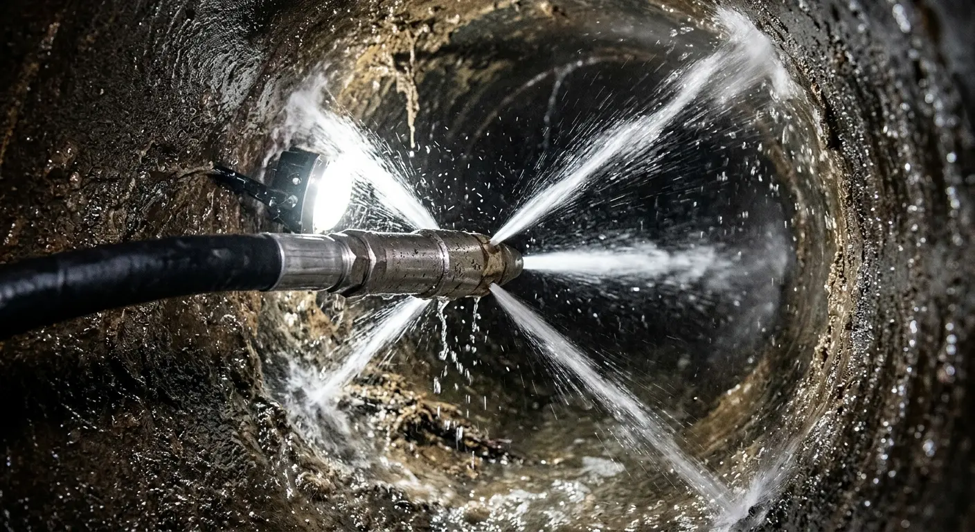 High-pressure hydro jetting nozzle cleaning sewer pipe for Sewer Cleanout in De Queen