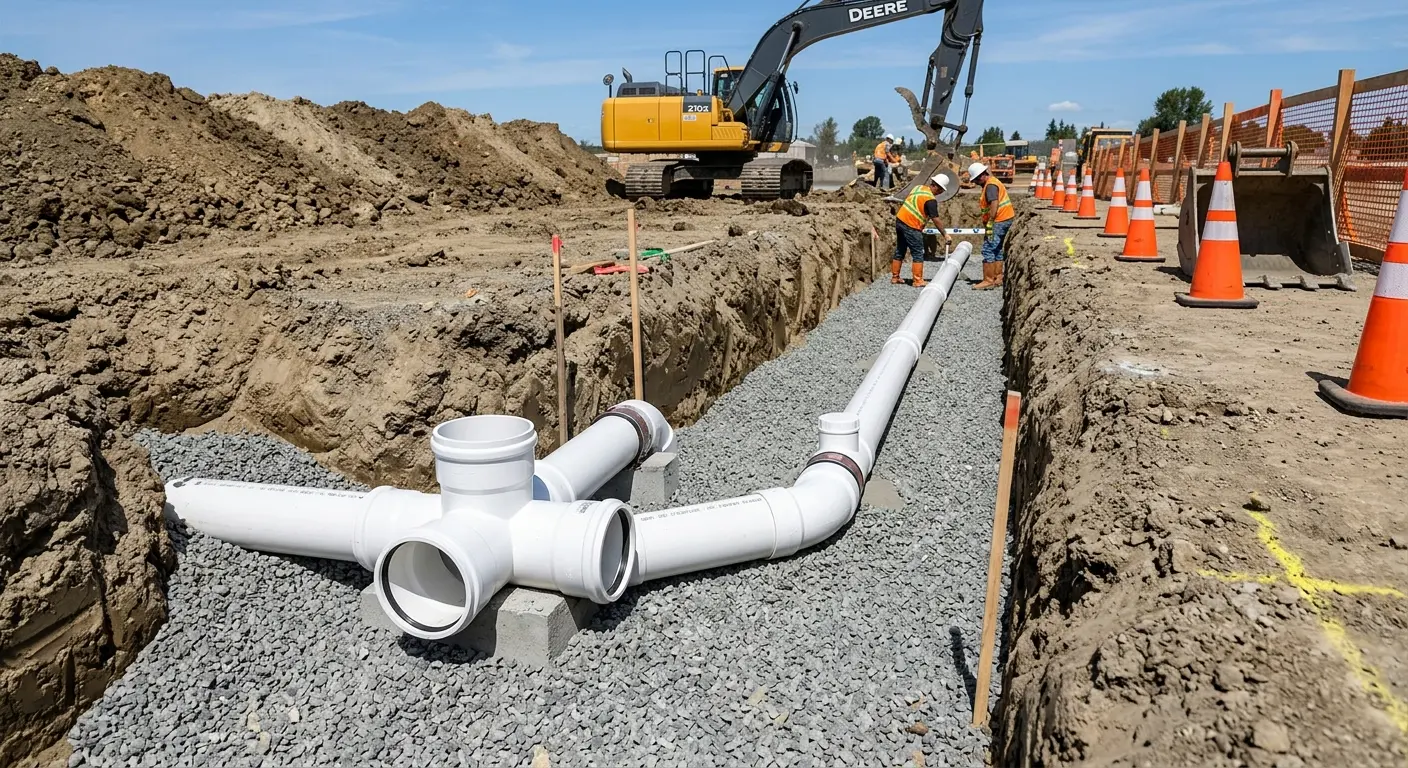New PVC sewer pipe installation in open trench for Commercial Drain Cleaning in De Queen