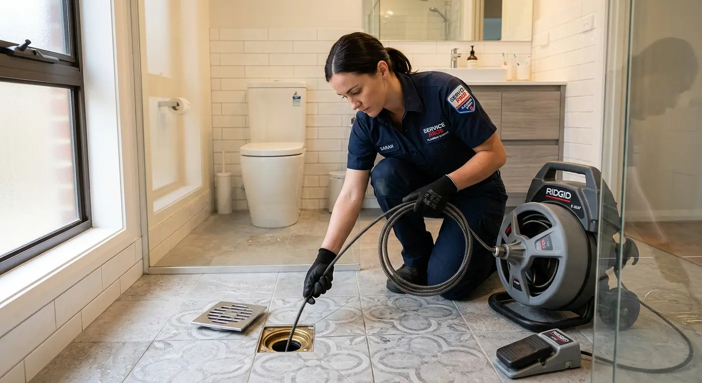 Technician clearing a bathroom floor drain for Hydro Jetting in De Queen